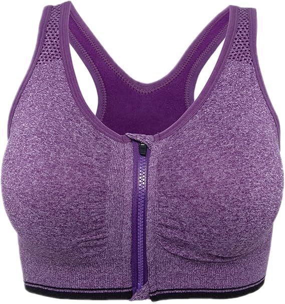 GVV Purple Women's Zip Front Closure Sports Bra Zipper Padded Racerback Workout Gym Yoga Bras