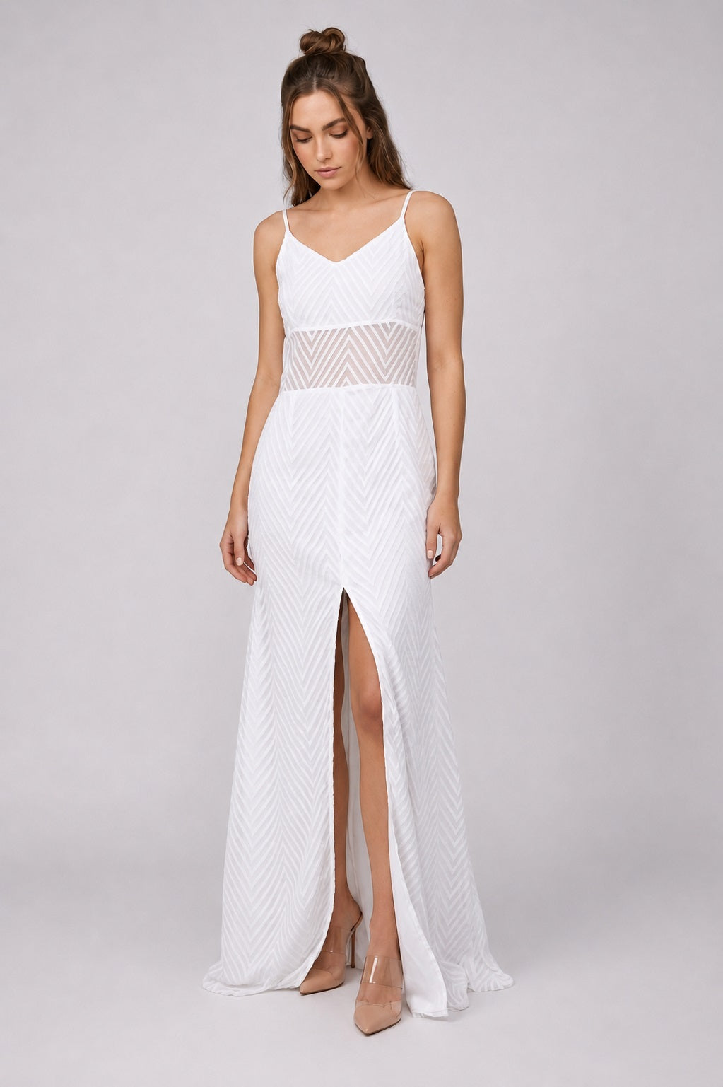 GVV Women's White Self Design V-Neck Maxi Dress