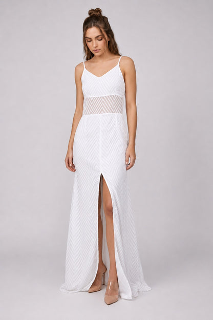 GVV Women's White Self Design V-Neck Maxi Dress