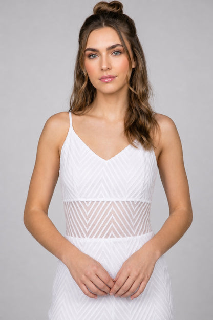 GVV Women's White Self Design V-Neck Maxi Dress