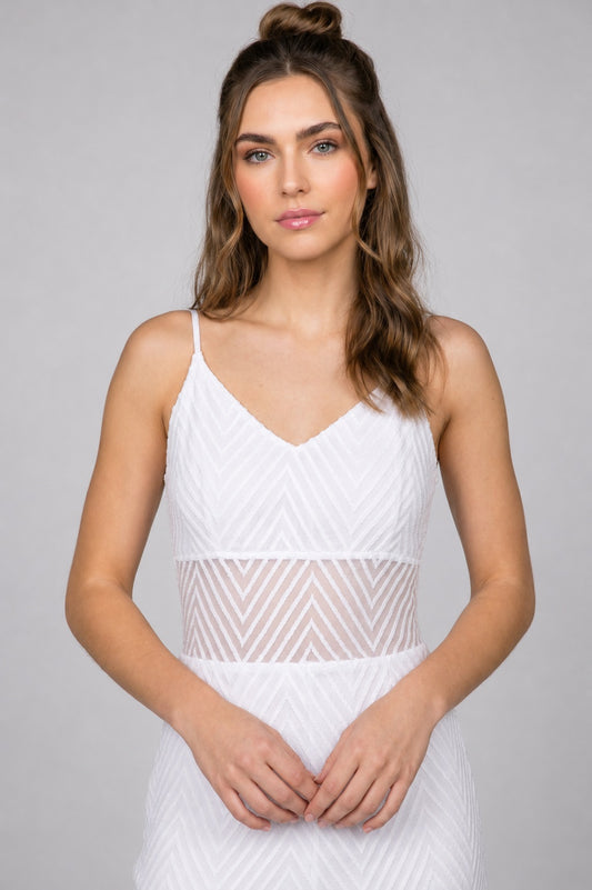GVV Women's White Self Design V-Neck Maxi Dress