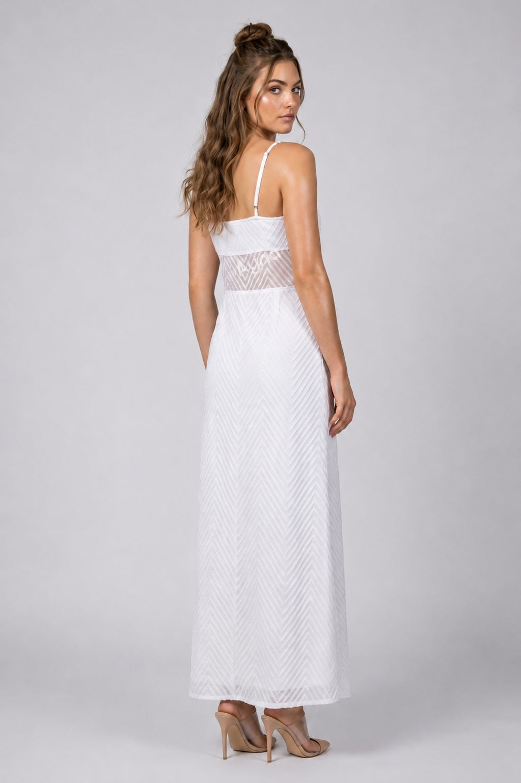 GVV Women's White Self Design V-Neck Maxi Dress