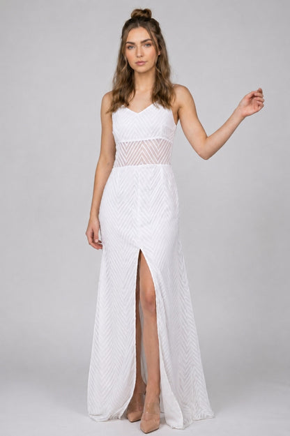GVV Women's White Self Design V-Neck Maxi Dress