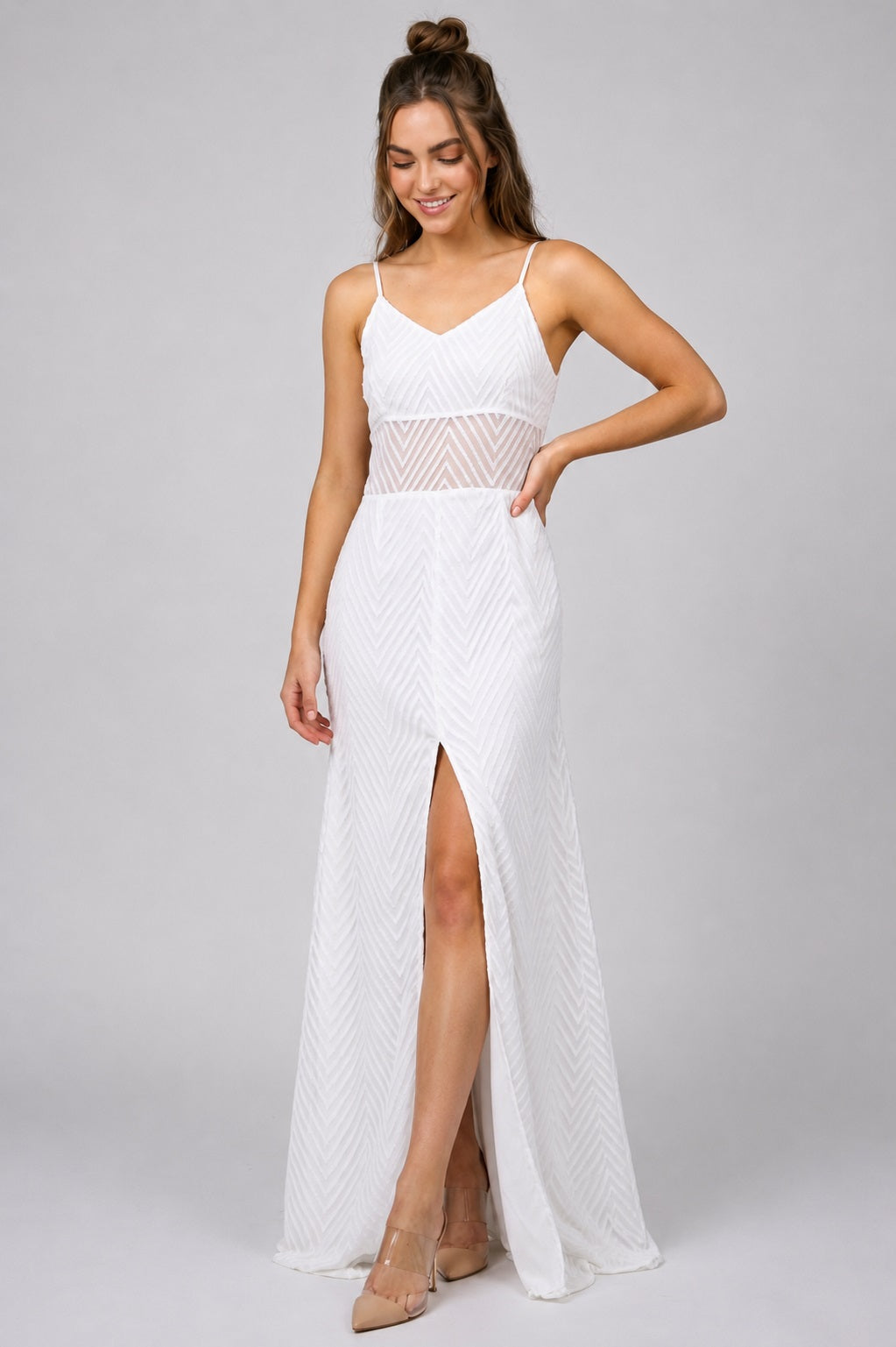GVV Women's White Self Design V-Neck Maxi Dress