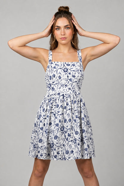 GVV Women's White & Blue Floral Fit & Flare Mini Dress