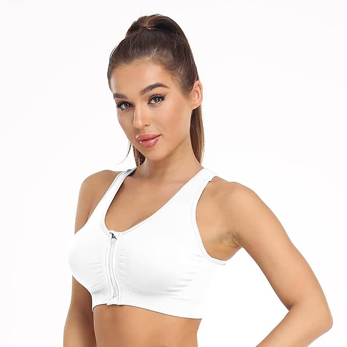 GVV White Women's Zip Front Closure Sports Bra Zipper Padded Racerback Workout Gym Yoga Bras