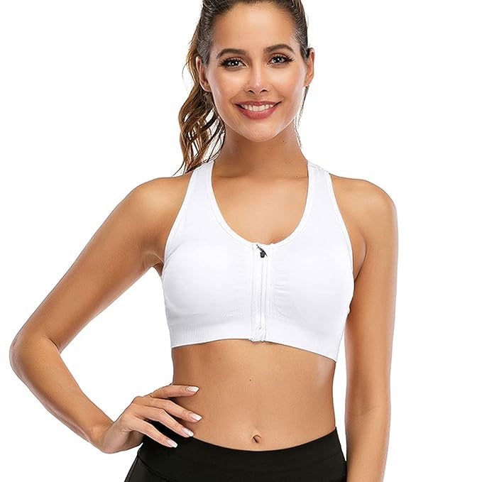 GVV White Women's Zip Front Closure Sports Bra Zipper Padded Racerback Workout Gym Yoga Bras