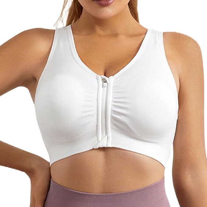 GVV White Women's Zip Front Closure Sports Bra Zipper Padded Racerback Workout Gym Yoga Bras