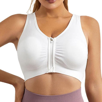 GVV White Women's Zip Front Closure Sports Bra Zipper Padded Racerback Workout Gym Yoga Bras