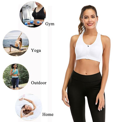 GVV White Women's Zip Front Closure Sports Bra Zipper Padded Racerback Workout Gym Yoga Bras