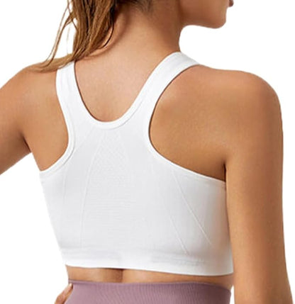 GVV White Women's Zip Front Closure Sports Bra Zipper Padded Racerback Workout Gym Yoga Bras