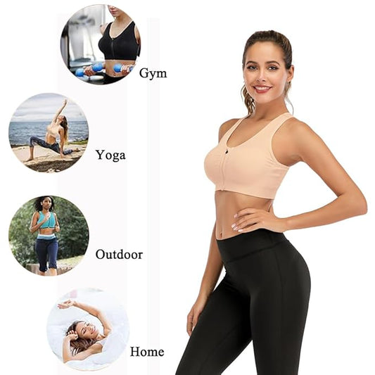 GVV Women's Beige Zip Front Padded Racerback Sports Bra