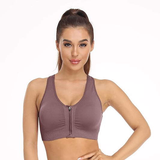 GVV Women's Light Purple Zip Front Padded Racerback Sports Bra