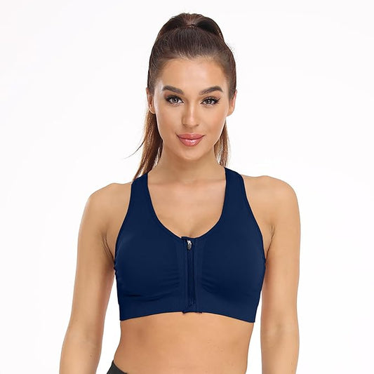GVV Women's Navy Blue Zip Front Padded Racerback Sports Bra