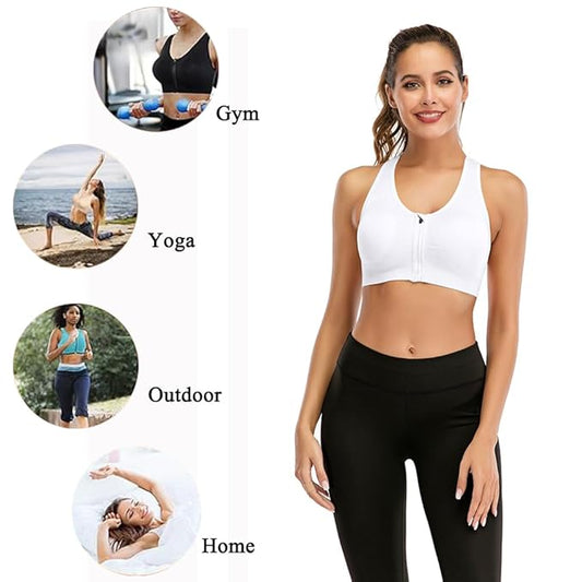 GVV Women's White Zip Front Padded Racerback Sports Bra