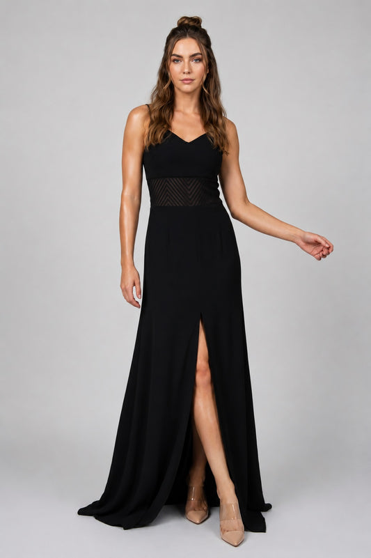 GVV Women's Black Self Design V Neck Maxi Dress