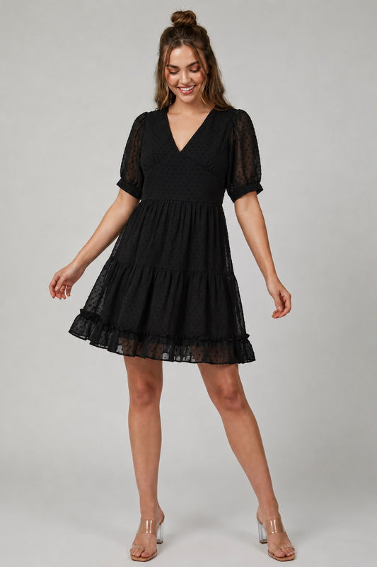 GVV Women's Black Swiss Dot V Neck Tiered Mini Dress