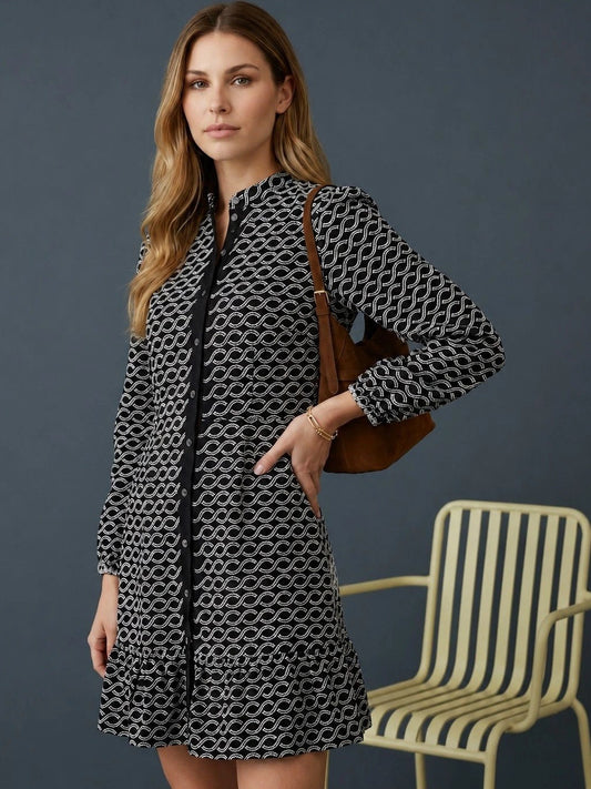 GVV Women's Black White Geometric Print Shirt Dress