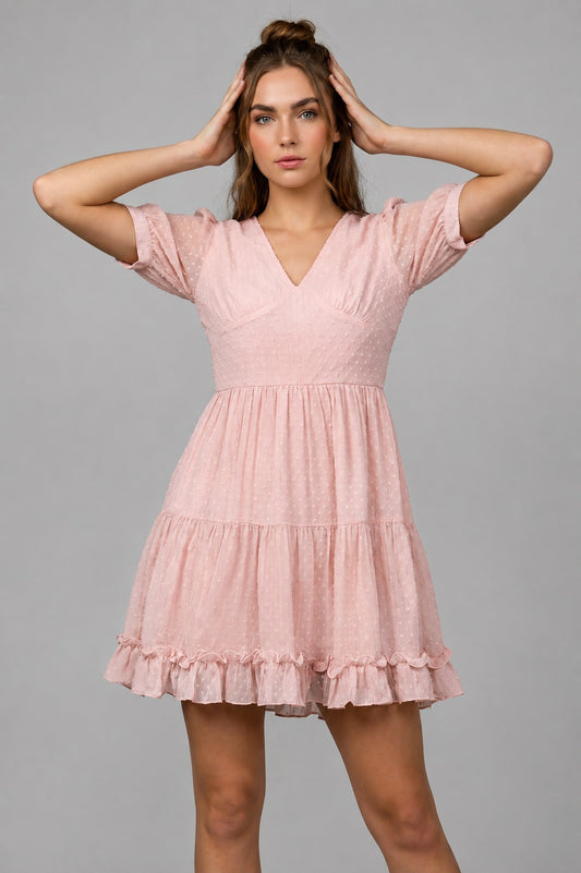 GVV Women's Light Pink Swiss Dot V Neck Tiered Mini Dress