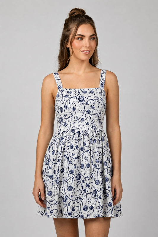 GVV Women's White Blue Floral Fit Flare Mini Dress