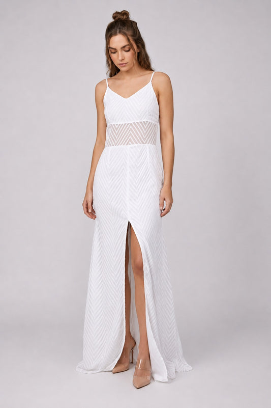 GVV Women's White Self Design V Neck Maxi Dress