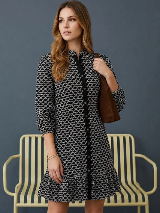 GVV Women's Black & White Geometric Print Shirt Dress