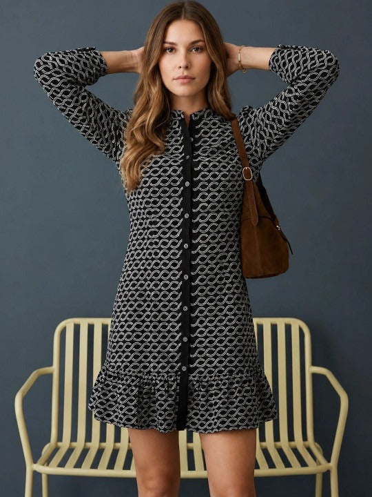 GVV Women's Black & White Geometric Print Shirt Dress